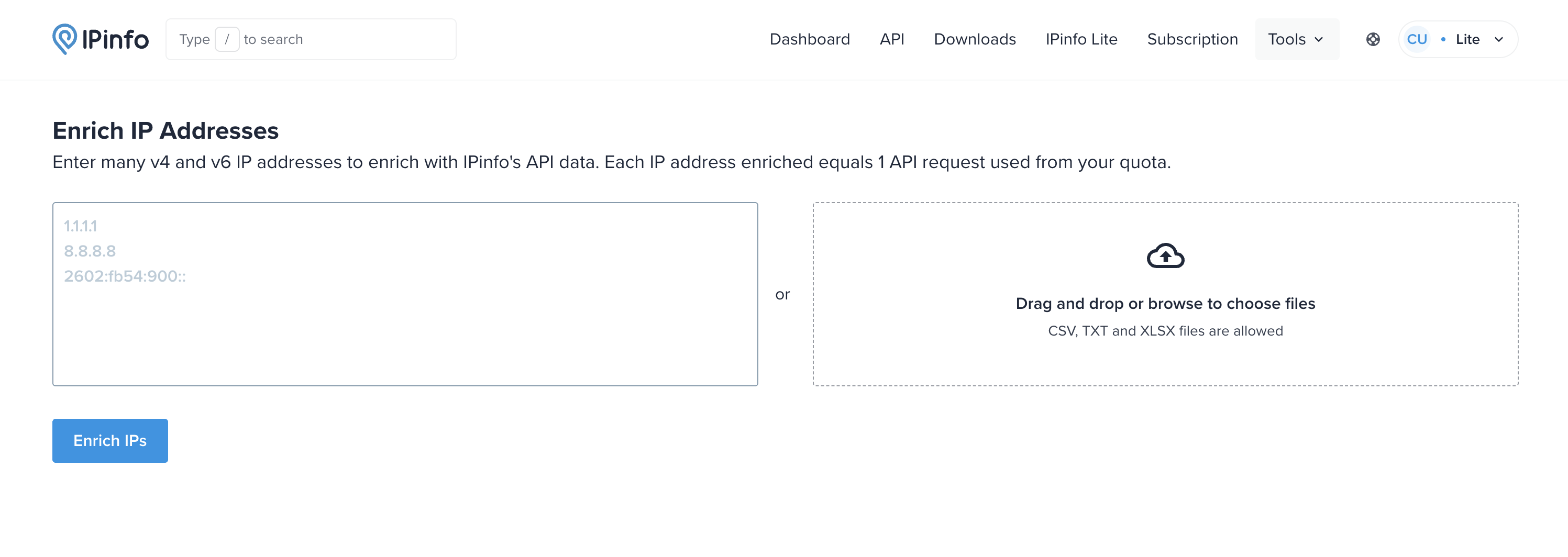 A screenshot of IPinfo's Enrich IPs tool